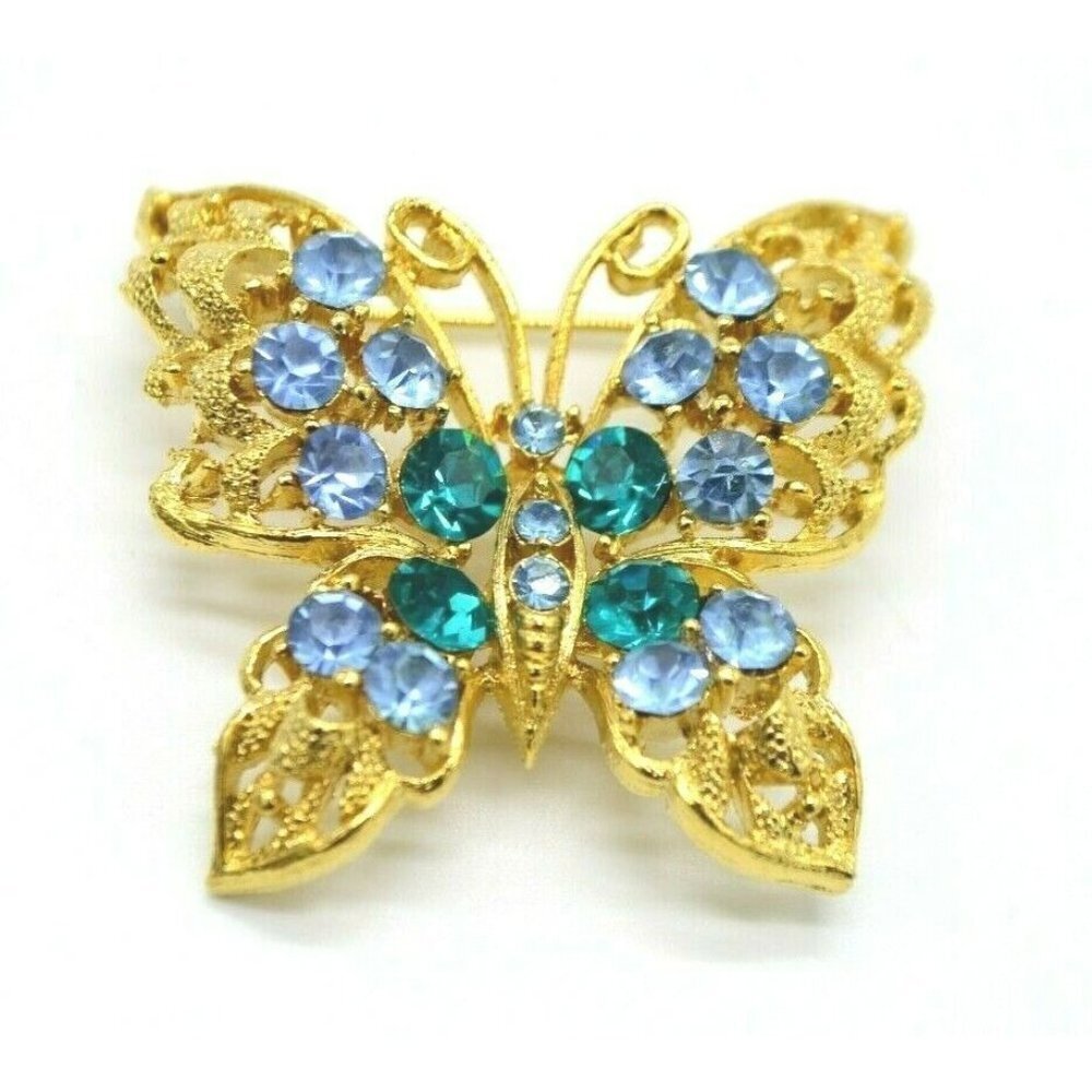 Blue Rhinestone Butterfly Gold Tone Pin Brooch Vintage